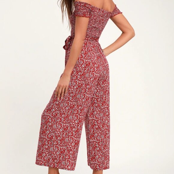 Lulus Behold Red Floral Print Off-the-Shoulder Jumpsuit - Picture 2 of 4